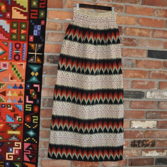 Vtg 70s Neutral Black Zig-Zag Woven Boho Hippie Maxi Pillar Skirt Ruched S-M - Picture 4 of 6